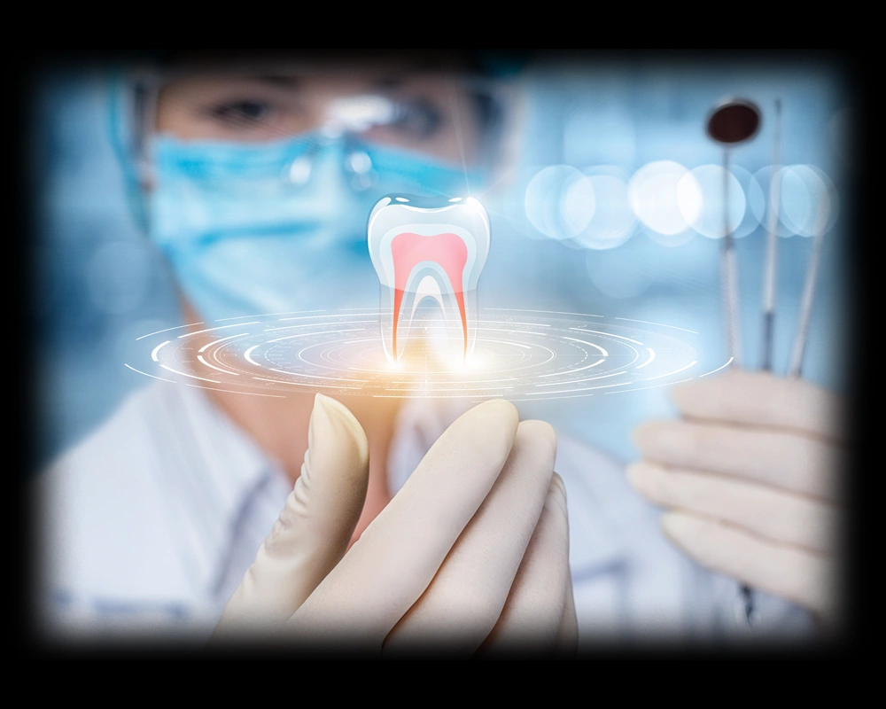 A graphic of a red root canal hovering above a dentist's hand